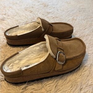 Birkenstock Buckley Tan Suede Mules with Shearling Lining